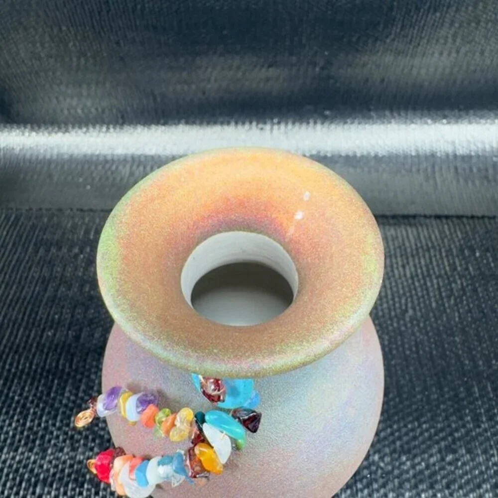 Raku‎ Pottery Small Bud Vase Artist Signed Iridescent Finish W Trinkets Vintage